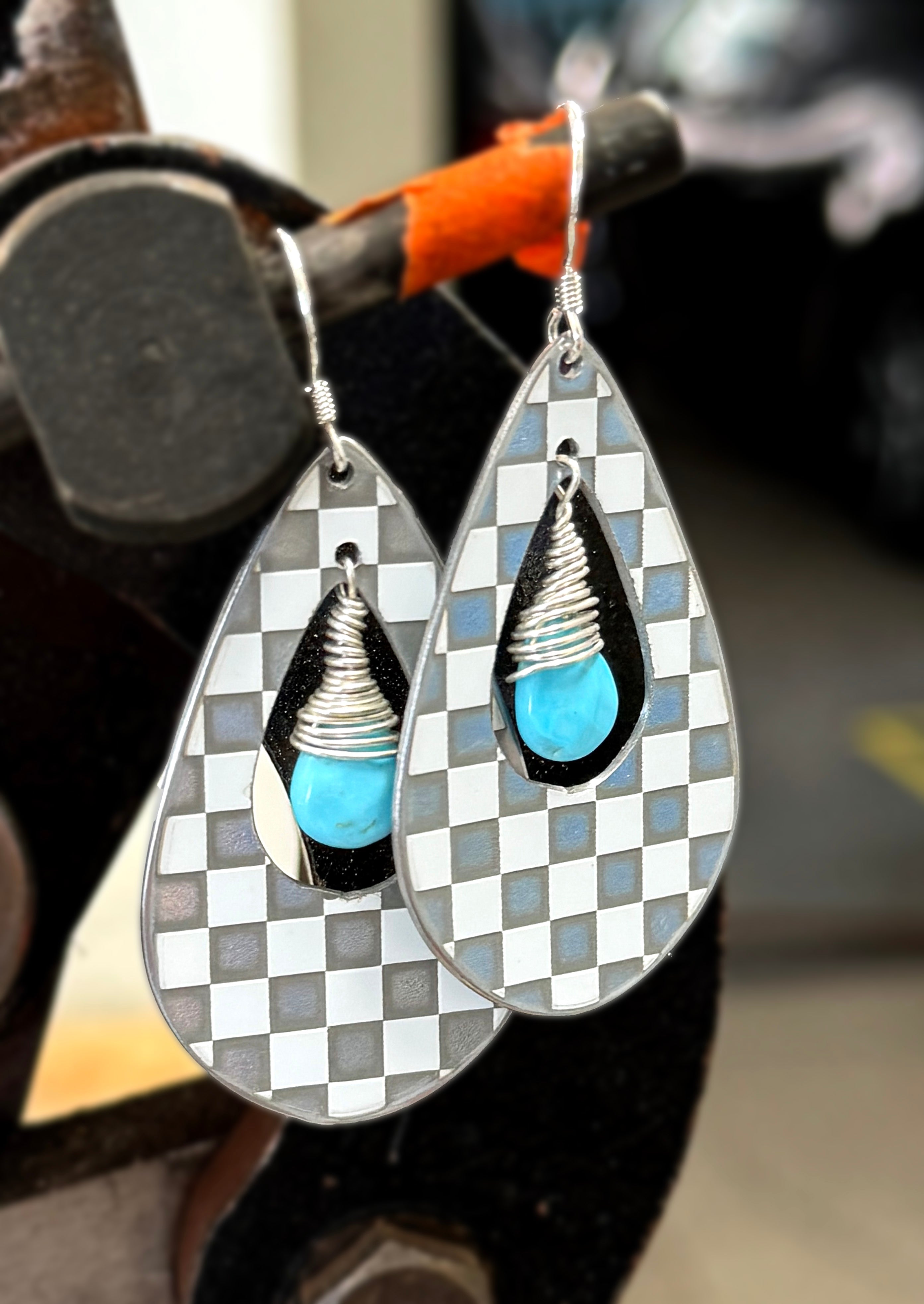 Porsche Checkered Flag Turquoise Earrings